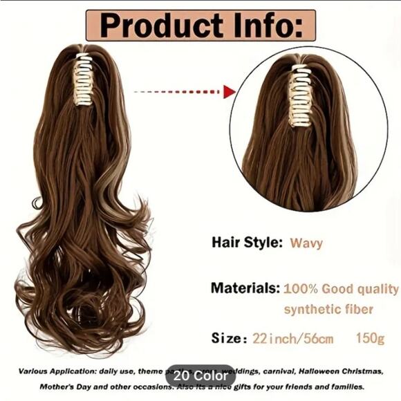 Dark Brown Pony Tail Hair Claw Hair Extension Piece 22” - Picture 3 of 7